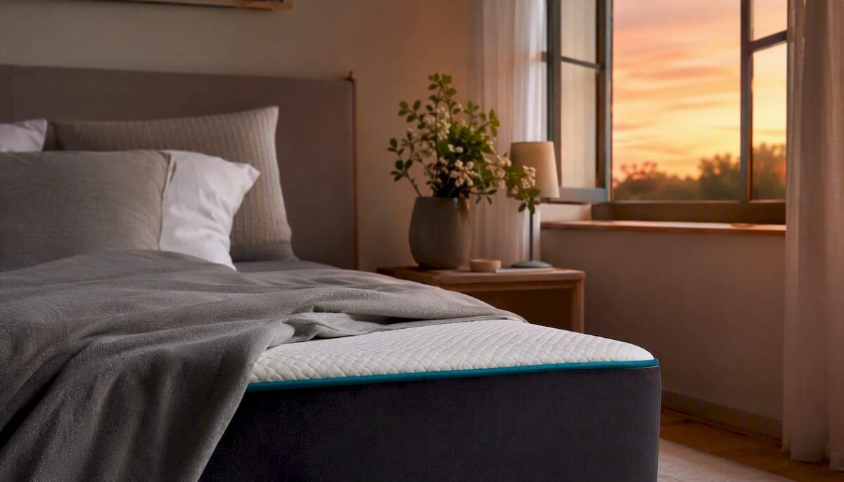 Dormitorio tranquilo con la suave iluminación en el borde del colchón