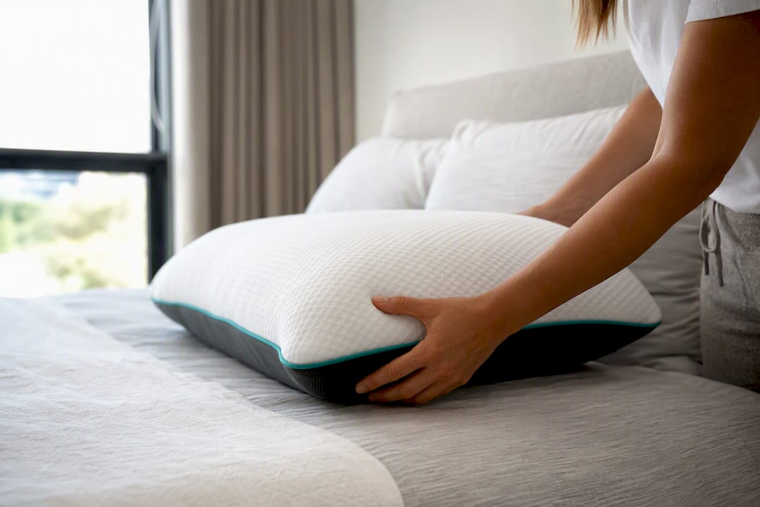 Una mano acomoda la almohada sobre una cama iluminada por la luz.